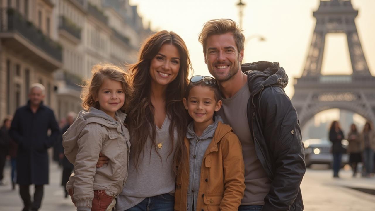 Une famille souriante profitant d'une promenade à Paris.